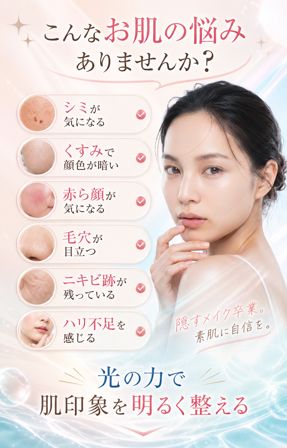 こんなお肌の悩みありませんか シミ くすみ 赤ら顔 毛穴 ニキビ跡 ハリ不足 光の力で肌印象を明るく整える